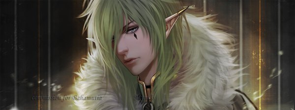 Anime picture 1621x610 with myme1 single long hair fringe wide image green eyes green hair lips pointy ears fur trim eyebrows eyeshadow angel boy fur