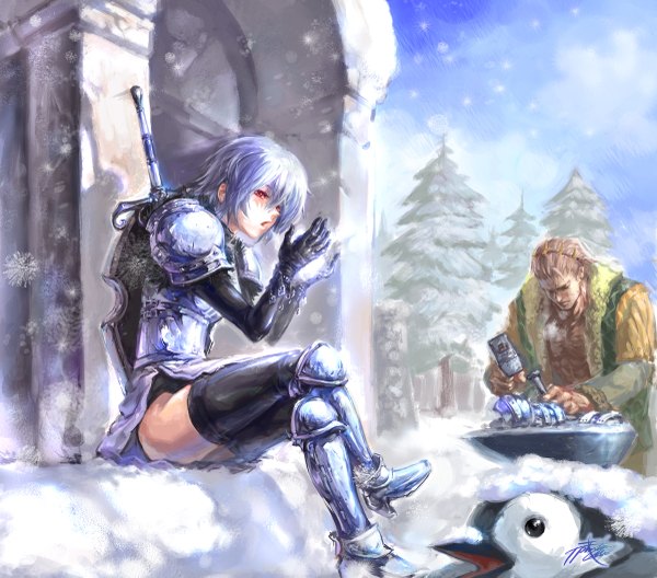 Anime picture 1200x1057 with phantom (ptcrow) short hair light erotic red eyes brown hair blue hair snowing winter snow exhalation cold girl thighhighs boy gloves weapon black thighhighs animal sword armor