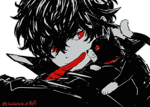 Anime picture 1200x857 with persona 5 persona amamiya ren morgana (persona 5) kawasemi sumika single fringe short hair simple background hair between eyes red eyes white background signed looking away twitter username animal on shoulder spot color polychromatic high contrast boy