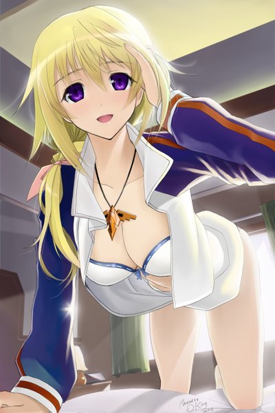 Anime picture 1800x2700 with infinite stratos 8bit charles dunois okingjo single tall image highres short hair open mouth light erotic blonde hair purple eyes girl pendant