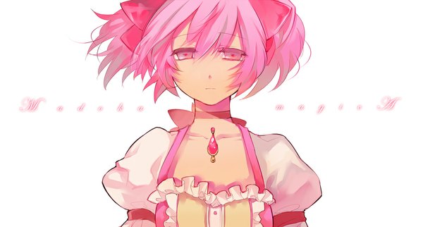 Anime picture 1000x537 with mahou shoujo madoka magica shaft (studio) kaname madoka nod (pixiv) single looking at viewer short hair simple background wide image white background twintails pink hair pink eyes wind inscription puffy sleeves short twintails girl dress ribbon (ribbons)