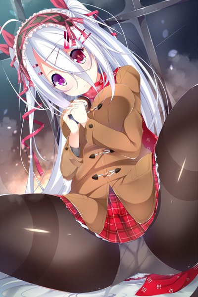 Anime picture 1333x2000 with original yoaferia single long hair tall image looking at viewer blush fringe breasts light erotic red eyes large breasts sitting twintails purple eyes holding silver hair white hair pleated skirt spread legs