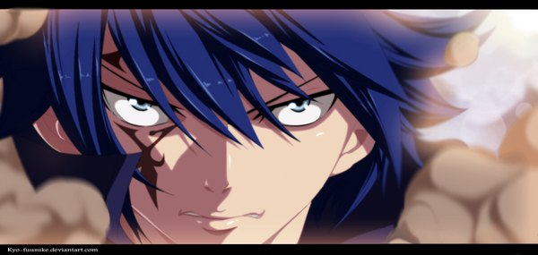 Anime picture 1585x753 with fairy tail jellal fernandes fuuzuke kyo-fuusuke single short hair blue eyes wide image blue hair sunlight tattoo coloring facial mark close-up face dust boy