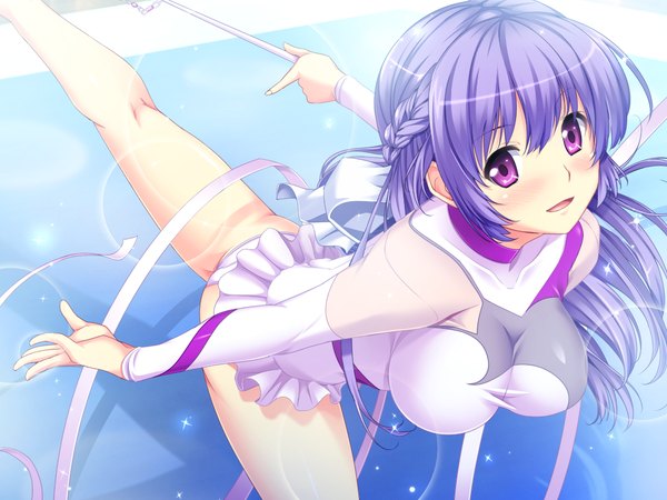 Anime picture 1024x768 with spocon! shinjou yukari marushin (denwa0214) long hair blush breasts light erotic large breasts purple eyes game cg purple hair girl ribbon (ribbons)