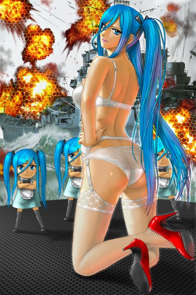 Anime picture 1001x1500 with aoki hagane no arpeggio takao (aoki hagane no arpeggio) toten (artist) long hair tall image looking at viewer fringe breasts light erotic large breasts twintails multiple girls blue hair ass looking back lips from behind mole high heels hand on hip