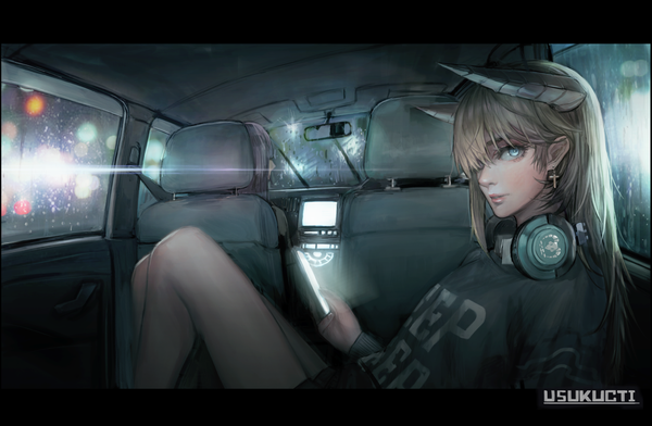 Anime picture 2270x1484 with original usukuchi (impasto life) single long hair looking at viewer blush fringe highres blue eyes blonde hair sitting signed parted lips horn (horns) hair over one eye letterboxed rain headphones around neck car interior girl