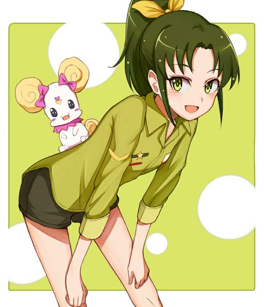 Anime picture 713x829 with precure smile precure! toei animation midorikawa nao candy (smile precure!) purea single long hair tall image looking at viewer blush open mouth green eyes payot ponytail green hair leaning leaning forward framed green background