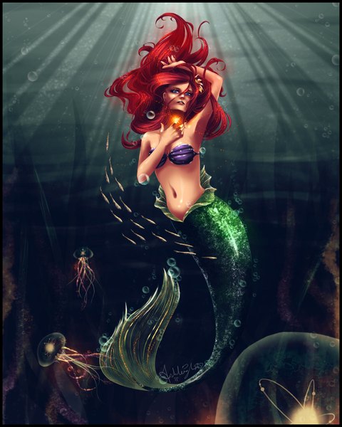 Anime picture 1280x1600 with the little mermaid disney ariel goldprincess single long hair tall image blue eyes bare shoulders signed red hair hair flower sunlight armpit (armpits) underwater framed girl navel hair ornament water