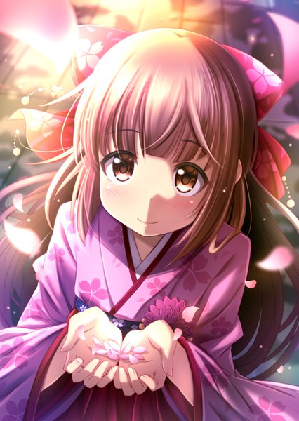 Anime picture 569x800 with idolmaster idolmaster cinderella girls yorita yoshino sui. (ayase) single long hair tall image looking at viewer blush fringe smile brown hair brown eyes upper body traditional clothes japanese clothes shadow depth of field floral print light
