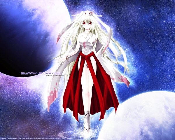 Anime picture 1280x1024 with tagme (character) tagme (artist) zyrex single long hair light erotic blonde hair red eyes signed full body traditional clothes japanese clothes inscription wallpaper sleeveless third-party edit space girl socks bracelet