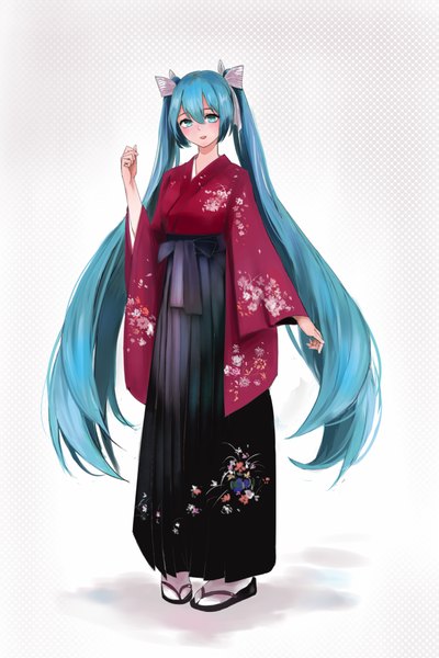 Anime picture 666x1000 with vocaloid hatsune miku saitou (lynx-shrike) single tall image looking at viewer blush open mouth smile standing twintails long sleeves very long hair traditional clothes japanese clothes aqua eyes aqua hair wide sleeves shadow floral print