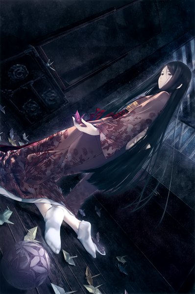 Anime picture 2656x4000 with kara no shoujo innocent grey satsuki (kara no shoujo 2) sugina miki single long hair tall image fringe highres black hair indoors traditional clothes japanese clothes scan official art no shoes kneeling floral print looking down girl