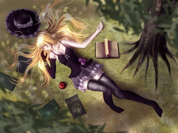 Anime picture 1200x900 with touhou kirisame marisa yusuke (shiota) single long hair looking at viewer blush blonde hair bare shoulders cleavage full body on back magic girl thighhighs skirt gloves black thighhighs plant (plants) hat