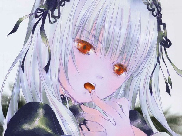 Anime picture 1280x960 with rozen maiden suigintou long hair looking at viewer red eyes silver hair girl ribbon (ribbons) hair ribbon tongue