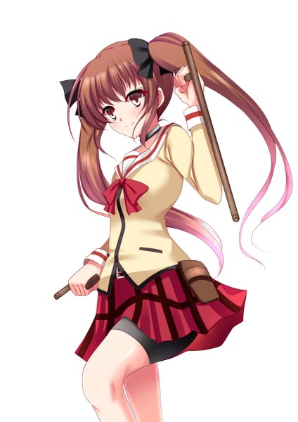 Anime picture 849x1200 with original yappen single long hair tall image looking at viewer blush simple background smile brown hair white background twintails brown eyes girl skirt uniform bow weapon hair bow serafuku