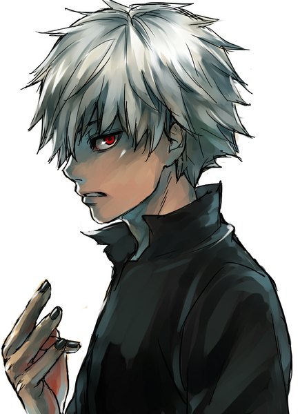 Anime picture 790x1090 with tokyo ghoul studio pierrot kaneki ken shiromi (ringo) single tall image looking at viewer short hair simple background red eyes white background nail polish profile fingernails grey hair clenched teeth boy