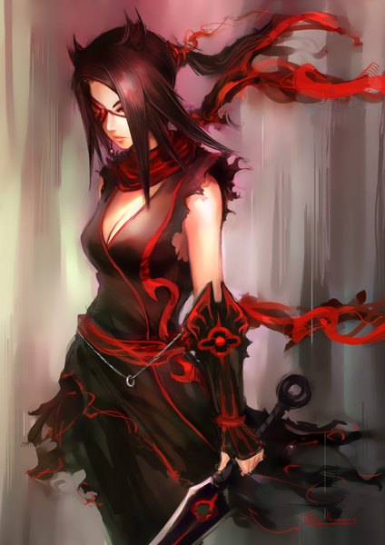 Anime picture 2480x3508 with original aditya777 (artist) single long hair tall image highres black hair arm guard girl weapon eyepatch knife