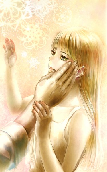 Anime picture 1200x1920 with original kurage (pixiv 473823) long hair tall image blonde hair green eyes realistic multicolored eyes hand on cheek girl hand