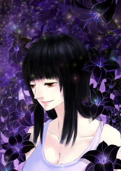 Anime picture 849x1200 with one piece toei animation nico robin totsukitouka single long hair tall image fringe black hair bare shoulders light smile orange eyes looking down portrait girl flower (flowers)