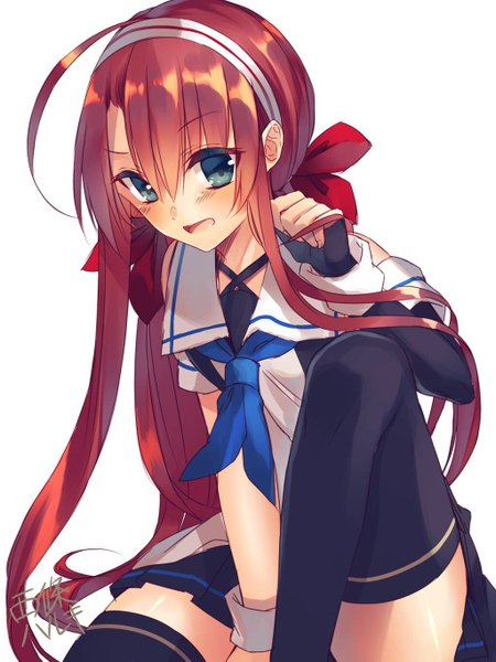 Anime picture 1024x1365 with kantai collection kawakaze (kantai collection) saijou haruki single long hair tall image blush open mouth blue eyes light erotic simple background white background sitting signed red hair pleated skirt girl thighhighs skirt bow