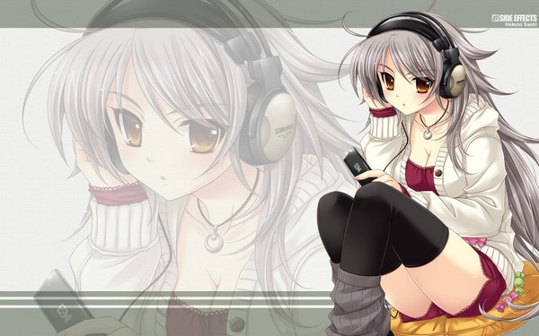 Anime picture 1920x1200 with highres wide image silver hair thighhighs headphones