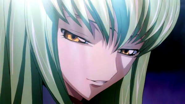 Anime picture 1600x900 with code geass sunrise (studio) c.c. single long hair looking at viewer fringe wide image yellow eyes green hair face girl