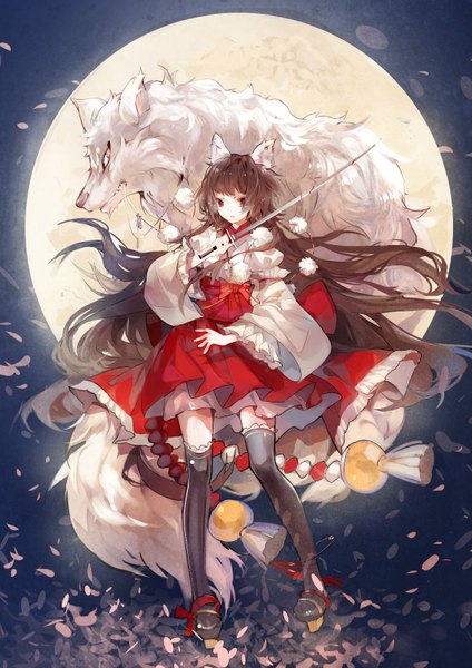 Anime picture 1200x1696 with original susu (artist) long hair tall image looking at viewer fringe red eyes brown hair standing sitting very long hair traditional clothes profile wind night silver eyes wolf ears girl thighhighs black thighhighs