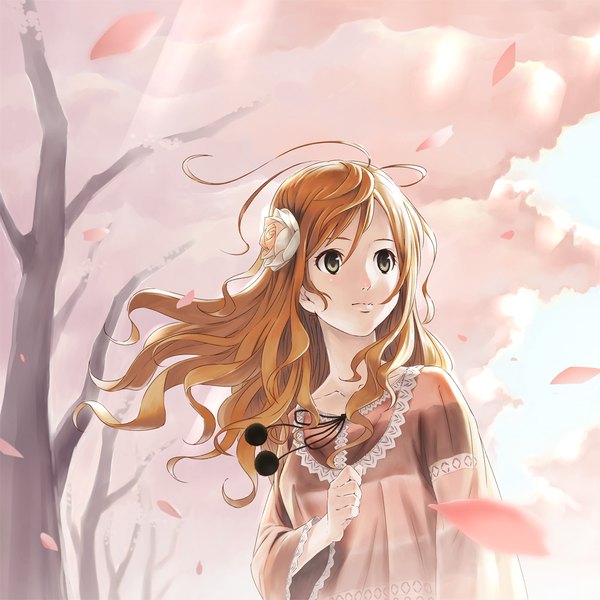 Anime picture 1000x1000 with original fukukitaru single long hair brown hair brown eyes looking away upper body hair flower wind cherry blossoms turning head spring girl flower (flowers) plant (plants) petals tree (trees) pom pom (clothes)