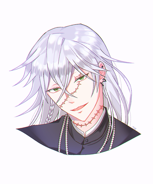 Anime picture 794x954 with kuroshitsuji a-1 pictures undertaker ggomddak single long hair tall image looking at viewer fringe open mouth simple background hair between eyes white background green eyes silver hair head tilt piercing portrait ear piercing scar