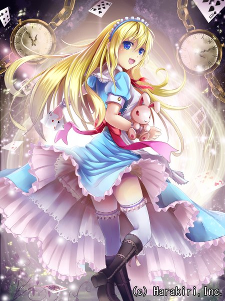 Anime picture 960x1280 with alice in wonderland alice (wonderland) noe noel single long hair tall image looking at viewer blush open mouth blue eyes blonde hair smile looking back from behind turning head girl thighhighs dress hair ornament white thighhighs