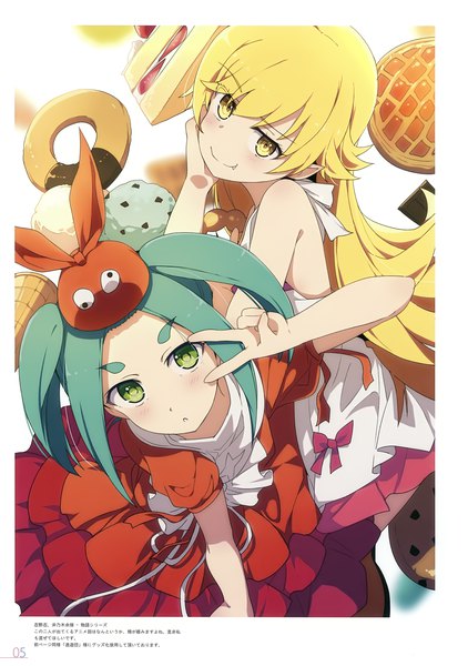 Anime picture 2460x3500 with bakemonogatari nisemonogatari shaft (studio) monogatari (series) milky been! (ogipote) - chara pack 2017 (artbook) oshino shinobu ononoki yotsugi ogipote long hair tall image looking at viewer blush fringe highres blonde hair smile twintails multiple girls green eyes yellow eyes