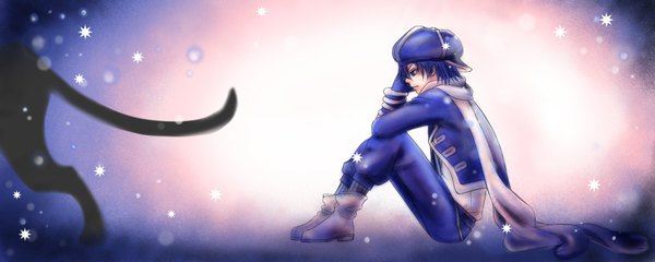 Anime picture 1917x768 with tegami bachi zazie winters sen akatsuki single highres wide image sitting blue hair profile boy uniform hat animal scarf pants panther