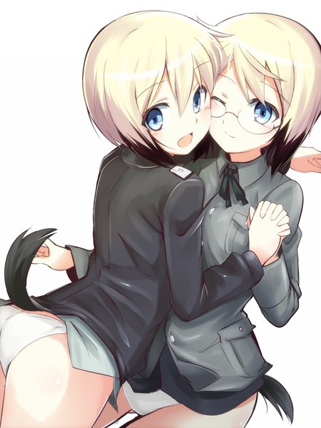 Anime picture 750x1000 with strike witches erica hartmann ursula hartmann mobu tall image looking at viewer blush short hair open mouth blue eyes light erotic simple background blonde hair white background multiple girls animal ears ass tail animal tail one eye closed