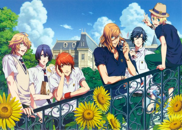 Anime picture 1509x1077 with uta no prince-sama a-1 pictures jinguji ren hijirikawa masato ichinose tokiya ittoki otoya kurusu shou shinomiya natsuki open mouth blue eyes blonde hair red eyes blue hair sky cloud (clouds) red hair multiple boys group open collar boy