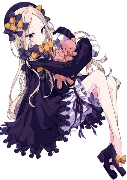 Anime picture 2675x3785 with fate (series) fate/grand order abigail williams (fate) osanai single long hair tall image looking at viewer highres blue eyes blonde hair simple background white background full body girl dress bow hair bow hat black dress