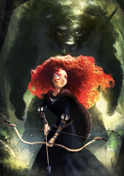 Anime picture 707x1000 with brave disney merida lehuss single long hair tall image blue eyes holding signed red hair lips inscription fighting stance freckles curly hair girl dress weapon animal