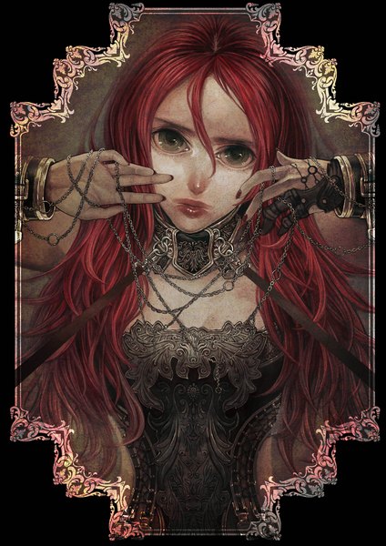 Anime picture 1240x1754 with original joy azuma single long hair tall image looking at viewer fringe green eyes red hair nail polish head tilt fingernails realistic framed hand on cheek girl chain collar