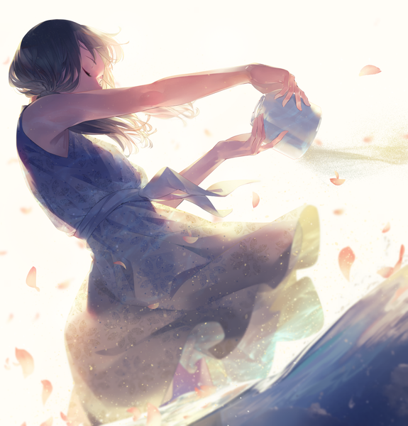 Anime picture 1300x1357 with original sousou (sousouworks) single long hair tall image black hair standing twintails holding eyes closed profile wind outstretched arm front-tie top backlighting girl dress petals water blue dress