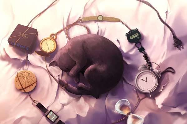 Anime picture 1333x889 with original aquasixio (artist) lying eyes closed sleeping no people animal cat clock wire (wires) pocket watch wristwatch alarm clock hourglass digital clock