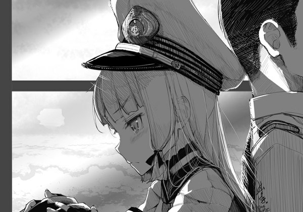 Anime picture 1000x703 with kantai collection murakumo destroyer mizusaki (tengoku) long hair blush fringe short hair black hair sky cloud (clouds) white hair profile embarrassed looking down monochrome short twintails serious back to back tress ribbon girl