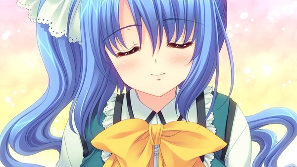 Anime picture 1280x720 with world wide love! (game) munemoto tsubakiko long hair blush wide image blue hair game cg ponytail eyes closed girl uniform school uniform bowtie