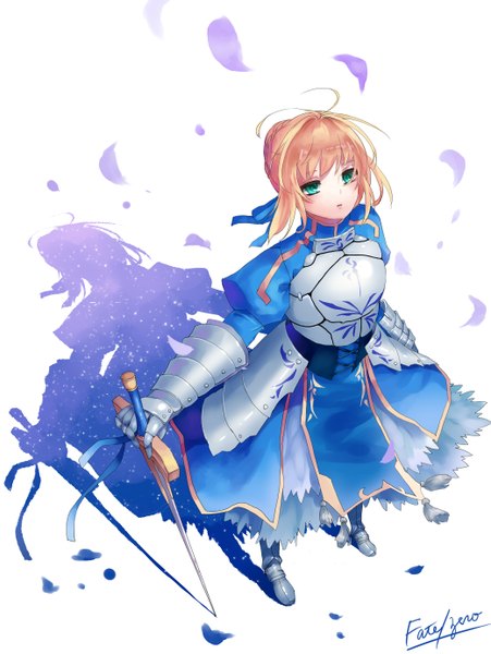 Anime picture 1039x1381 with fate (series) fate/stay night studio deen type-moon artoria pendragon (all) saber meutan131 single tall image short hair simple background blonde hair white background green eyes from above shadow looking up girl weapon petals