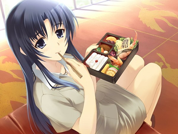 Anime picture 1024x768 with kizuato leaf (studio) kashiwagi chizuru long hair blue eyes black hair game cg girl food