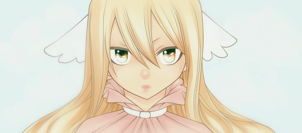 Anime picture 2700x1200 with fairy tail mavis vermillion lucuni single long hair looking at viewer fringe highres blonde hair hair between eyes wide image green eyes lips wallpaper head wings serious girl wings