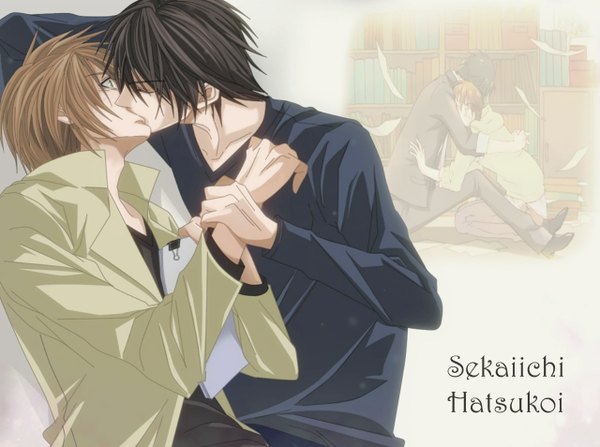 Anime picture 1280x954 with sekaiichi hatsukoi takano masamune onodera ritsu short hair black hair brown hair green eyes eyes closed profile open clothes open jacket multiple boys open shirt hug holding hands kiss dual persona boy shirt jacket