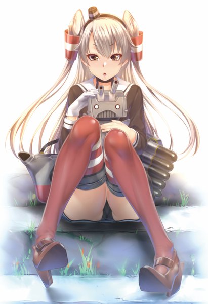Anime picture 1800x2623 with kantai collection amatsukaze destroyer rensouhou-kun zucchini single long hair tall image highres open mouth light erotic sitting brown eyes silver hair full body two side up pantyshot pantyshot sitting girl thighhighs gloves