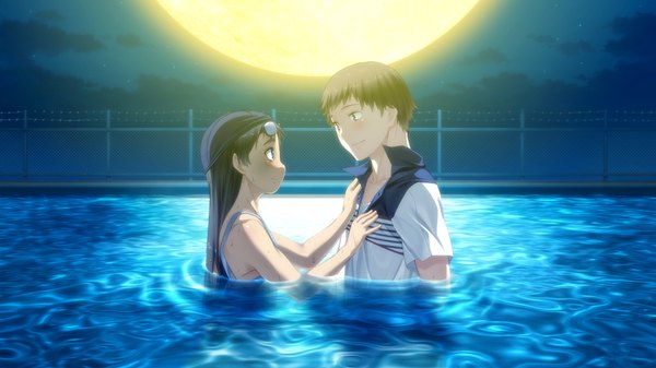 Anime picture 1024x576 with suigetsu 2 long hair short hair black hair brown hair wide image brown eyes game cg night couple girl boy swimsuit moon