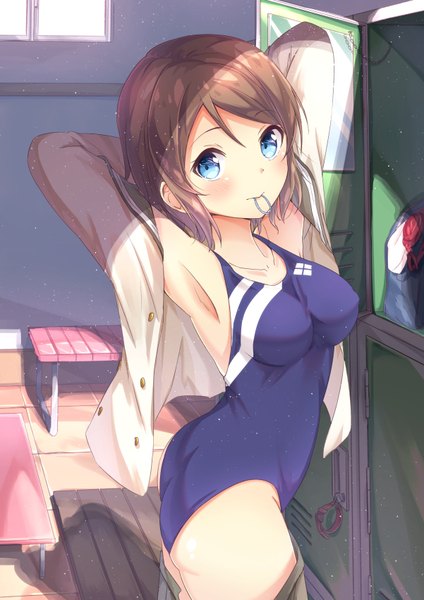 Anime picture 601x850 with love live! sunshine!! sunrise (studio) love live! watanabe you mirai (macharge) single tall image looking at viewer blush short hair breasts blue eyes light erotic brown hair holding mouth hold girl swimsuit one-piece swimsuit competition swimsuit