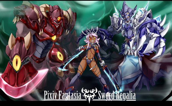 Anime picture 1200x743 with original pixiv fantasia pixiv fantasia sword regalia nam (valckiry) looking at viewer short hair smile wide image bare shoulders pink hair horn (horns) heterochromia girl navel weapon monster