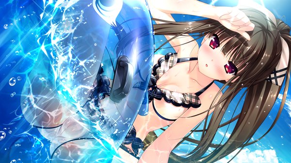 Anime picture 1280x720 with hoshi no ne sanctuary shinryouji hisui naruse hirofumi single long hair looking at viewer blush breasts open mouth light erotic black hair red eyes wide image bare shoulders game cg sky cleavage cloud (clouds) ponytail sunlight